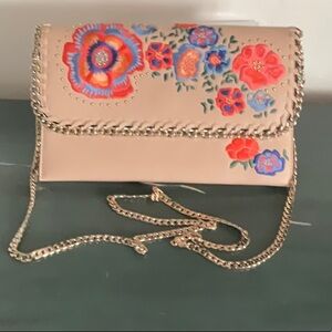 Topshop Cream and Red Floral Embroidered Crossbody Clutch Bag